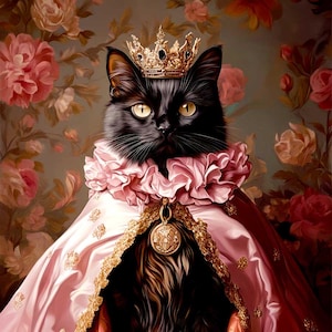 Könnte beinhalten: Eine schwarze Katze trägt eine rosa-goldene königliche Robe mit einer goldenen Krone. Die Katze sitzt vor einem floralen Hintergrund.