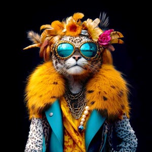 Op de afbeelding: Een luipaardprintkat die een blauwe jas, een gele sjaal en een gouden kettingketting draagt. De kat draagt ​​ook een blauwe zonnebril en een bloemenkroon.
