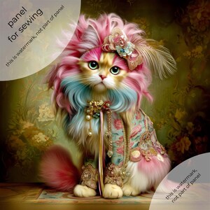 Può includere: Un'illustrazione stravagante di un gatto adornato con un ensemble colorato. Il gatto presenta pelliccia rosa, blu e gialla, un copricapo floreale e gioielli ornati. L'immagine include il testo "panel for sewing".