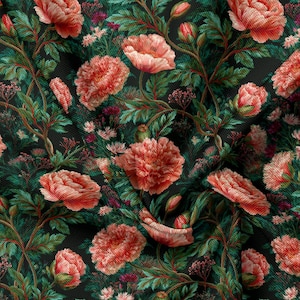 May include: A fabric featuring a dense botanical pattern of coral-pink peonies and small buds set against a dark black background. The design includes intricate green foliage, thin stems, and tiny clusters of small purple flowers throughout.
