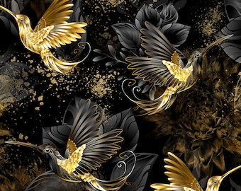 Golden hummingbird  High Quality Printed Faux Leather Sheet, Eco Leather Fabric, Leather for bags, Patterned faux leather