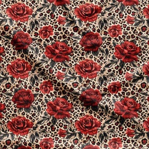 May include: A fabric pattern featuring a repeating design of deep red roses with dark green leaves set against a tan and black leopard print background. The roses are arranged in a consistent grid, showcasing detailed petals and foliage.