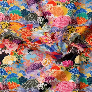 Eklektischer, wasserdichter Stoff mit japanischem Blumenmuster und Boho-Patchwork-Print für Taschen