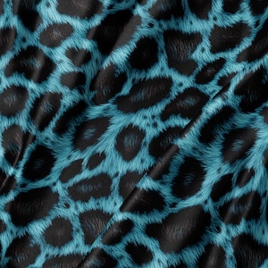 May include: A fabric featuring a repeating leopard print pattern in shades of bright cyan blue and deep black. The design displays a textured, fur-like appearance with soft, organic shapes and folds that create depth across the material surface.
