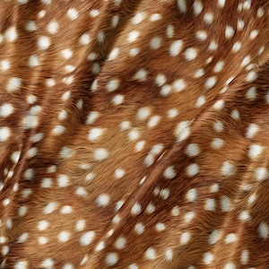 May include: A textured fabric featuring a realistic brown fur pattern with scattered white spots. The material has a soft, fibrous appearance with natural-looking folds and ripples that create depth across the surface of the textile.