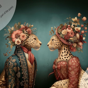 May include: An artistic illustration of two cheetahs facing each other, adorned with floral headdresses and period clothing. The cheetahs are set against a teal background with floral accents, creating a whimsical and elegant design.