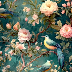 May include: A teal blue background with a floral pattern featuring pink flowers and green leaves. Two blue and yellow birds are perched on branches.