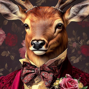 Op de afbeelding: Gedetailleerde illustratie van een hert met geweien, gekleed in een bordeauxrood pak met een patroon vlinderdas en een gele overhemdkraag. De achtergrond heeft een donker bloemenpatroon met rozen. Een roze roos is op het pak gespeld.
