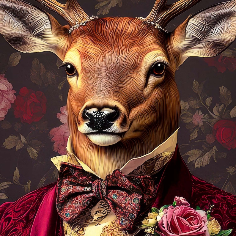 Op de afbeelding: Gedetailleerde illustratie van een hert met geweien, gekleed in een bordeauxrood pak met een patroon vlinderdas en een gele overhemdkraag. De achtergrond heeft een donker bloemenpatroon met rozen. Een roze roos is op het pak gespeld.