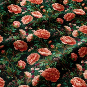 May include: A fabric featuring a dense floral pattern with large, layered coral-pink peony blossoms and smaller buds set against a dark black background, interspersed with intricate green foliage and delicate stems.