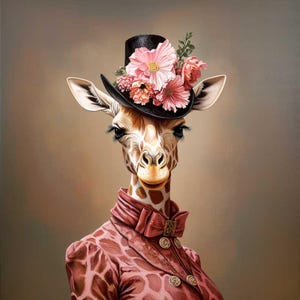Peut inclure: Une girafe portant un chapeau haut de forme noir avec des fleurs roses, un nœud papillon rose et une veste à motifs roses.