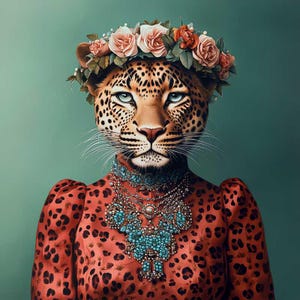 May include: A leopard wearing a crown of pink and red flowers, a red dress with a leopard print and a large turquoise and silver necklace.