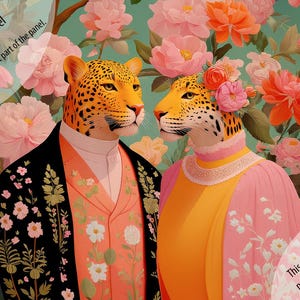Peut inclure: Illustration artistique de deux léopards en tenue de soirée, sur fond de fleurs luxuriantes. Le léopard mâle porte une veste noire avec des motifs floraux, tandis que la femelle porte une robe rose et jaune. Le fond est rempli de fleurs roses et oranges.