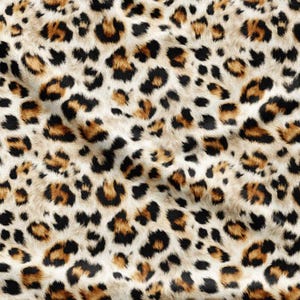 Puede incluir: Una tela con un patrón repetitivo de leopardo con rosetas y manchas negras sobre un fondo de color tostado claro y crema. El material muestra pliegues suaves y sombras que crean una sensación de profundidad en la superficie texturizada.