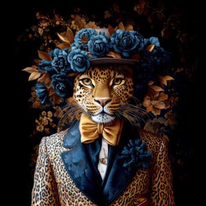 May include: A leopard depicted in a formal suit, bow tie, and a hat decorated with blue roses. The leopard's coat is spotted, and the background has floral details in brown and gold tones. A unique and artistic illustration.