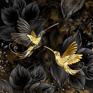Colibrí dorado 2, Hoja de cuero sintético de impresión de alta calidad, Panel de cuero ecológico, Tela, Cuero para bolsos, Cuero ecológico estampado estampado