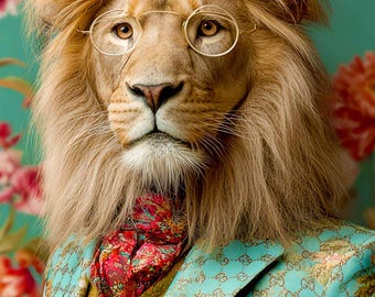 May include: A lion wearing round spectacles, a patterned red scarf, and a teal blazer with a floral design. The lion's fur is a warm brown. The background features a floral pattern.
