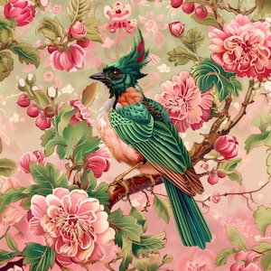 Może przedstawiać: Żywy zielono-różowy ptak z długim ogonem siedzi na gałęzi kwitnącego drzewa. Drzewo jest w rozkwicie z różowymi kwiatami i zielonymi liśćmi. Ptak ma długi, ostry dziób i czub na głowie.