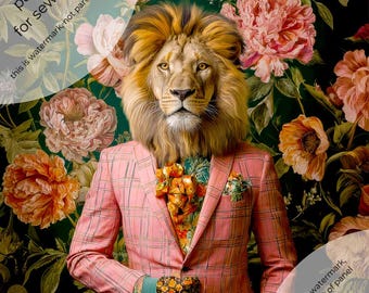 May include: A digital art print depicting a lion wearing a pink plaid suit with floral details. The background is dark green with large pink and orange flowers. The image includes the text "panel for sewing".