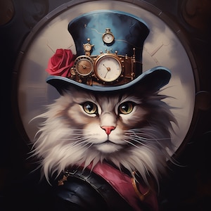 Vintage Steampunk Katze 3, Hochwertiger Druck Kunstleder Blatt, Öko-Leder Panel, Stoff, Leder für Tasche, Gemustert Bedrucktes Öko-Leder