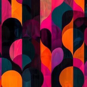 Puede incluir: Patrón geométrico abstracto con una vibrante mezcla de colores. El diseño incorpora formas como círculos, arcos y gotas en tonos naranja, rosa, verde azulado, morado y negro. La obra de arte tiene una apariencia texturizada y pintada.