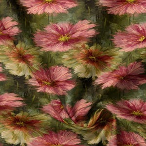 Könnte beinhalten: Ein Stoff mit einem sich wiederholenden Blumenmuster aus rosa und magentafarbenen Blüten mit gelben Zentren. Die Blütenblätter haben eine texturierte Pinselstrich-Optik vor einem dunklen, gedeckten olivgrünen Hintergrund mit einem feinen Gitter.