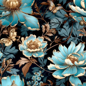 Può includere: Uno schema senza cuciture con fiori blu e dorati con accenti di farfalla su uno sfondo scuro.