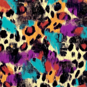 May include: Abstract pattern with a mix of colours including black, orange, red, purple, and teal. The design has a brushstroke effect, with a cream-coloured background and a leopard print style.