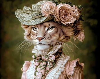 May include: A portrait of a cat wearing a pink and white dress with a floral pattern and a hat with pink roses. The cat has a serious expression and is looking directly at the viewer.