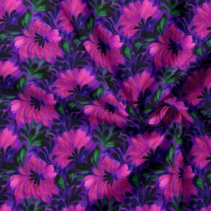 Könnte beinhalten: Ein Stoff mit einem sich wiederholenden Muster aus leuchtend rosa Blüten mit dunkelvioletten Zentren, durchsetzt mit dunkelgrünem und schwarzem Blattwerk. Das Design erzeugt ein dichtes, geschichtetes Blumenmotiv auf der gesamten Textiloberfläche.