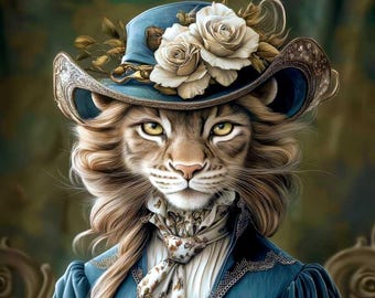 May include: A cat wearing a blue and gold hat with white roses. The cat has long blonde hair and is wearing a blue jacket with a white lace collar and a floral patterned scarf.