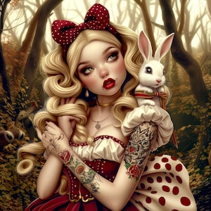 May include: A young woman with blonde hair and a red bow in her hair is holding a white rabbit. She is wearing a red and white dress with a white collar and a red bow. She has a tattoo on her arm of a wolf's head and a rose. The background is a forest with trees and leaves.