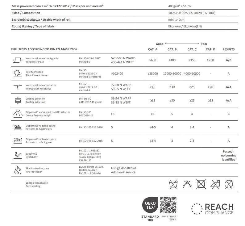 K&ouml;nnte beinhalten: Ein wei&szlig;es Dokument mit schwarzem Text, das die Stoffpr&uuml;fstandards detailliert, einschlie&szlig;lich Zugfestigkeit, Abriebfestigkeit und Farbechtheit. Das Dokument enth&auml;lt die Logos Oeko-Tex Standard 100 und Reach Compliance.