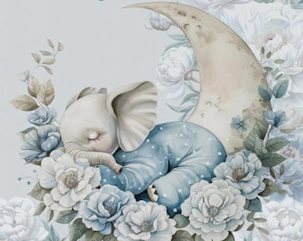 Personalized Fabric Panel Sleeping Elephant Blue, Cotton Panel For Self-Sewing, Quilting Panel, Nursery Blanket Panel, Baby Bedding Panels