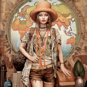 Travel girl 03 Hoja de cuero de imitación de impresión de alta calidad, panel de cuero ecológico, tela, cuero para bolsos, cuero ecológico estampado estampado