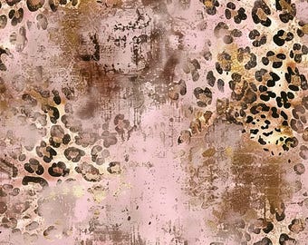 May include: A digital art design featuring a distressed, textured background in shades of pink and brown. Leopard print spots in black and gold are scattered across the surface, creating a stylish, animal print pattern.