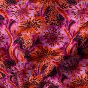 May include: A fabric featuring a vibrant floral pattern in shades of hot pink, magenta, and bright orange. The design includes stylized starburst-shaped flowers interspersed with small, dark brown leopard print spots across the textured surface.