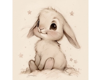 Personalized Cotton Fabric Panel, Little Rabbit, DIY Baby Quilt Blanket