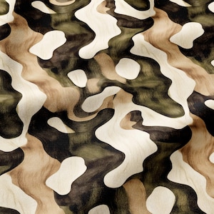 May include: A fabric featuring a camouflage pattern with organic, wavy shapes in shades of dark olive green, tan, beige, and off-white. The surface has a subtle, fine-lined texture throughout, creating a layered appearance across the material.