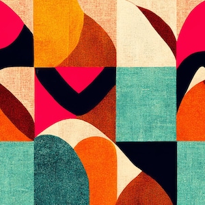 Può includere: Motivo geometrico astratto con quadrati e forme curve in colori vivaci. Il design include sfumature di rosa, arancione, verde acqua e nero, creando un'estetica audace e moderna. La trama sembra essere un tessuto tessuto.
