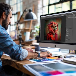 Peut inclure: Un écran d'ordinateur affiche une image d'un lion portant des lunettes et une veste rouge. Une personne travaille sur l'ordinateur, avec des nuanciers et des documents de conception sur le bureau. La pièce a une ambiance moderne et artistique.