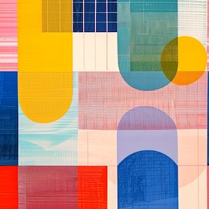 May include: Abstract geometric pattern with overlapping shapes in shades of blue, yellow, red, pink, and purple. The shapes are layered on top of each other, creating a sense of depth and dimension.