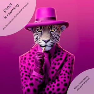 Puede incluir: Ilustración digital de un jaguar con un traje rosa con lunares negros, sombrero y guantes a juego, sosteniendo un cigarrillo. El texto "panel for sewing" está en la esquina superior izquierda. El fondo es un degradado de rosa.