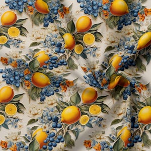 Waterproof Printed Polyester Fabric by the Yard, Yellow and Blue Sicilian Lemon Print for Bags
