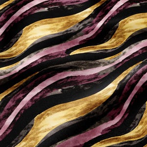 May include: A fabric featuring a repeating abstract pattern of diagonal wavy stripes in alternating colors of black, deep burgundy, and metallic gold, creating a fluid and layered visual effect across the entire surface of the material.