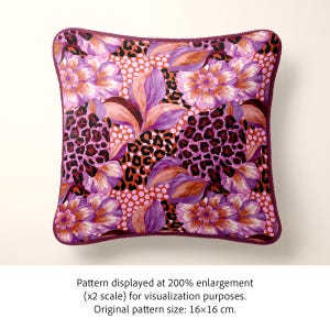 May include: A square throw pillow featuring a vibrant pattern of purple and orange flowers, leopard print spots, and orange polka dots. The pillow is edged with a dark purple twisted cord trim. Text below states: Pattern displayed at 200% enlargement (x2 scale) for visualization purposes. Original pattern size: 16x16 cm.