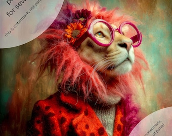 May include: A lion illustration wearing pink glasses, a red coat with black spots, and a pink mane. The lion is decorated with flowers and a sweater. The text "panel for sewing" is in the upper left corner of the image.