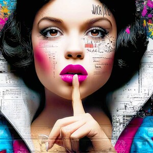 May include: A digital art portrait of a woman with dark hair, brown eyes, and bright pink lipstick. Her index finger is pressed to her lips, suggesting silence. The background features graffiti and text.