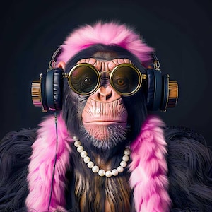 May include: A chimpanzee wearing a pink fur stole, gold-rimmed sunglasses, and headphones. The chimpanzee is wearing a pearl necklace and has a serious expression.
