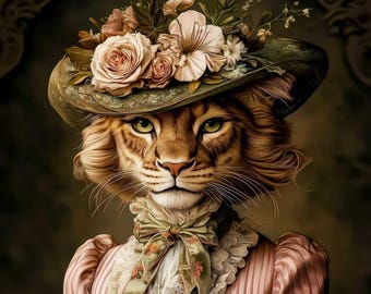 May include: A portrait of a feline wearing a floral hat and a pink striped dress. The hat is adorned with roses and other flowers. The cat has green eyes and a bow tie with floral patterns.